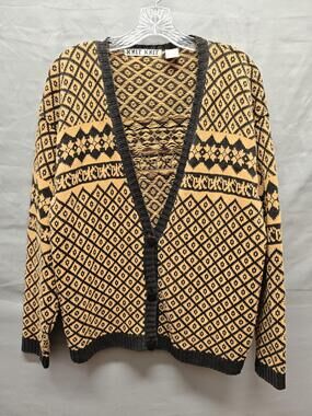 KNIT KNIT Cardigan Sweater Mens Medium Black Tan Fair Isle Ramie Cotton V Neck